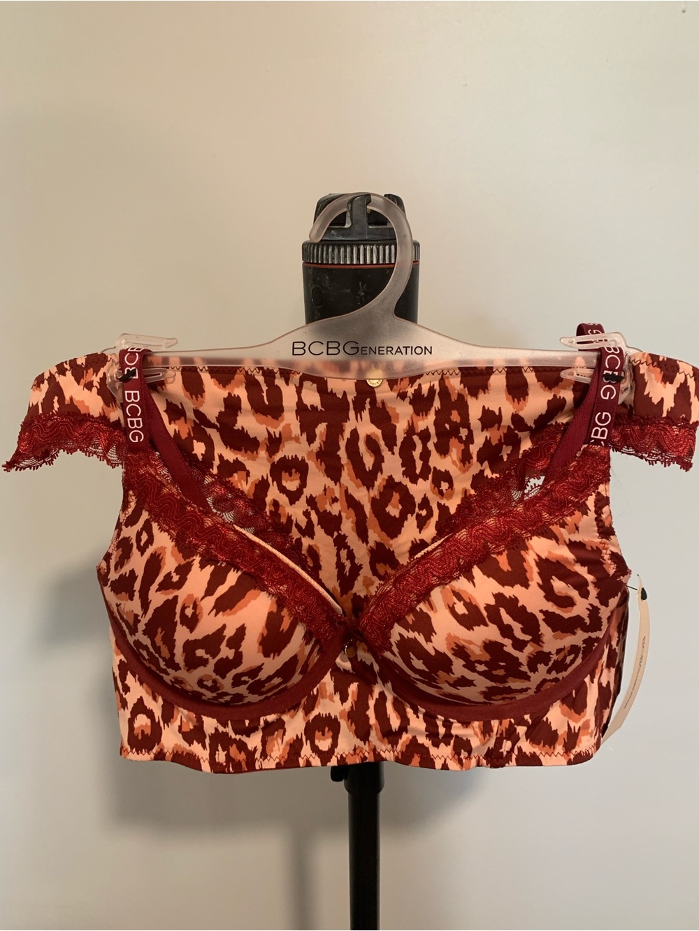 BCBGeneration Merlot/Sand Leopard Lace-Trim Bra ands thong set -BB179
